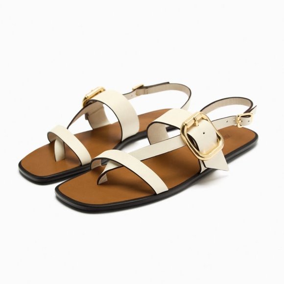 NWT ZARA BUCKLED FLAT LEATHER SANDALS  WHITE - REF 2636/110 9 - Picture 4 of 10